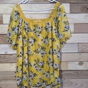 Yellow Floral Blouse Lace Trim Peasant Boho Cottagecore Flowy Top Women
